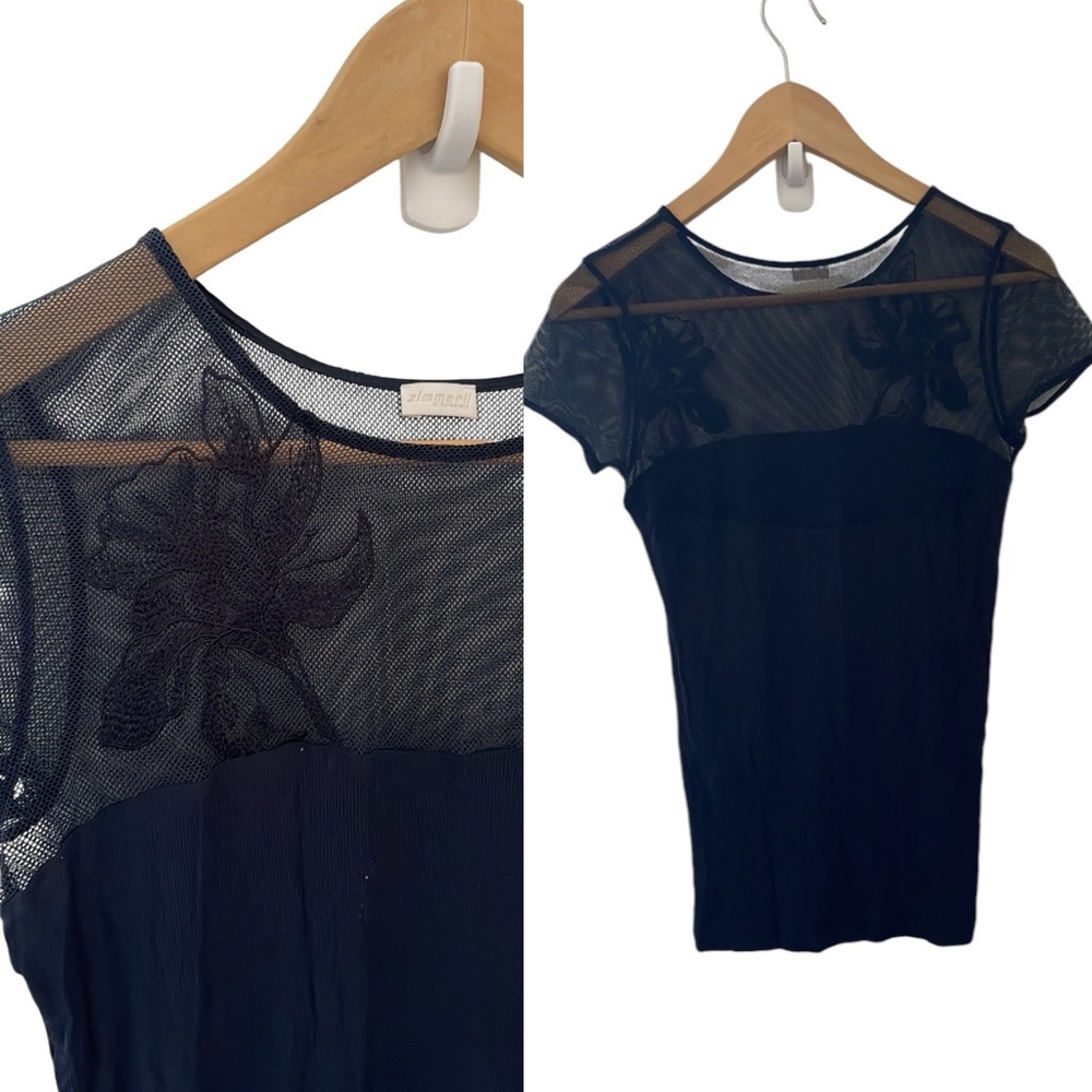 Zimmerli of Switzerland navy t shirt with mesh top embroidered w/ flowers